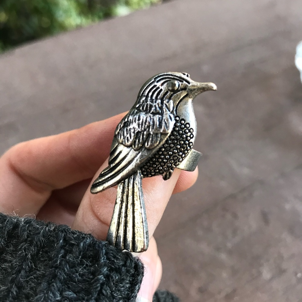 Vintage silver Wren bird ring Hematite stone Eye with adjustable band